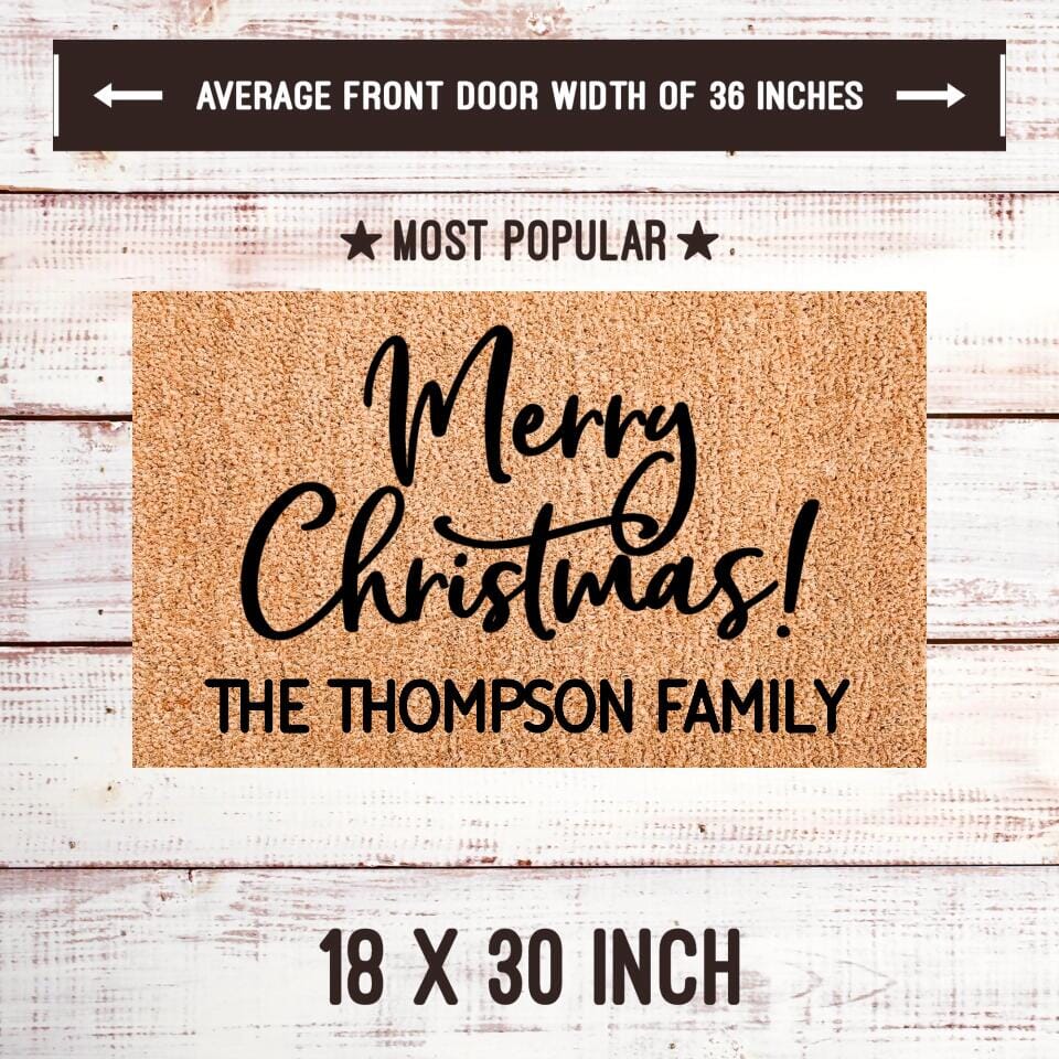 Personalized Merry Christmas Playful Script Welcome Mat TeeLaunch Welcome Mat Brown 18x30 Inches