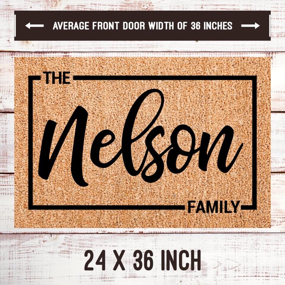 Family Name with Border Welcome Mat TeeLaunch Welcome Mat Brown 24x36 Inches
