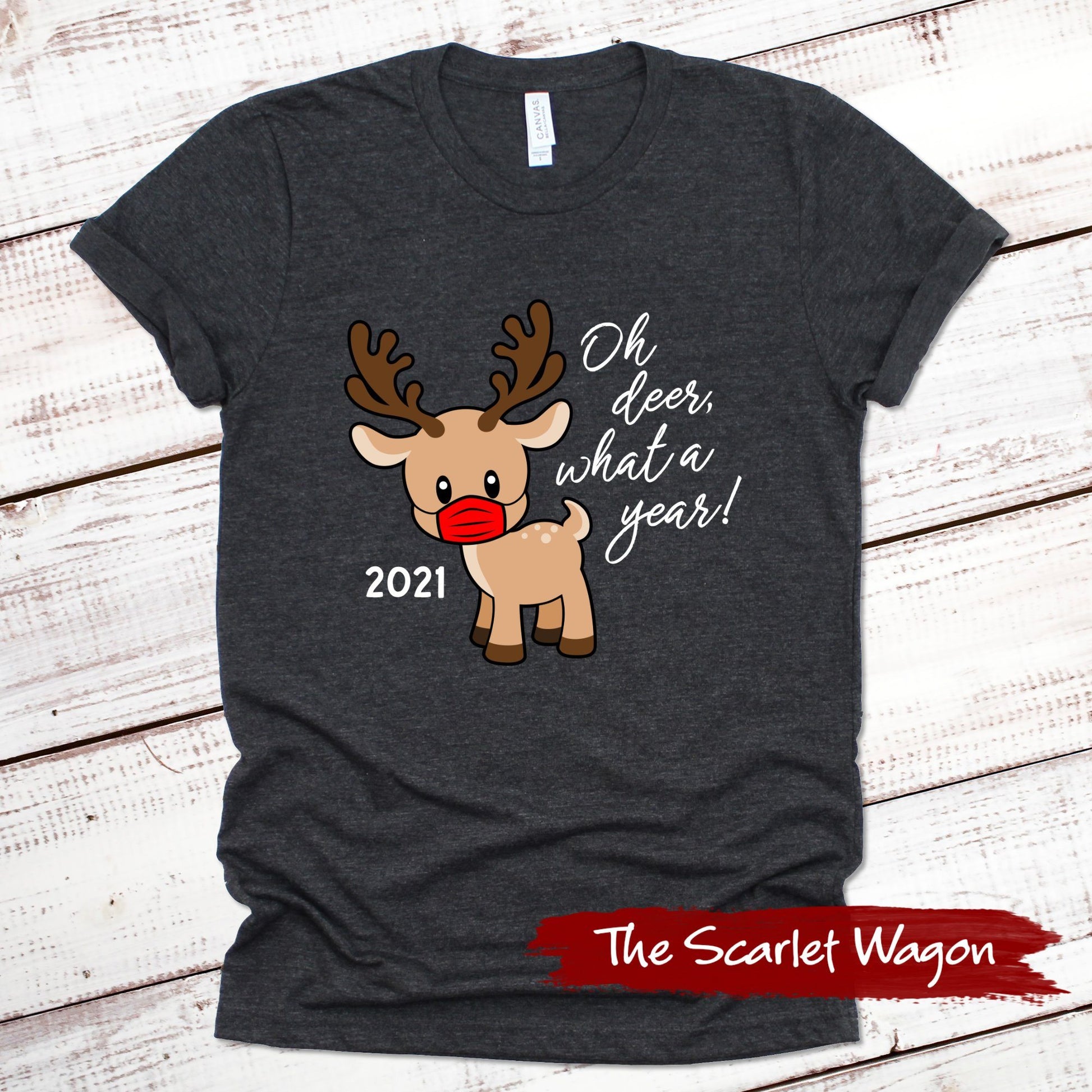 2021 Oh Deer What a Year Christmas Shirt Scarlet Wagon Dark Gray Heather XS 