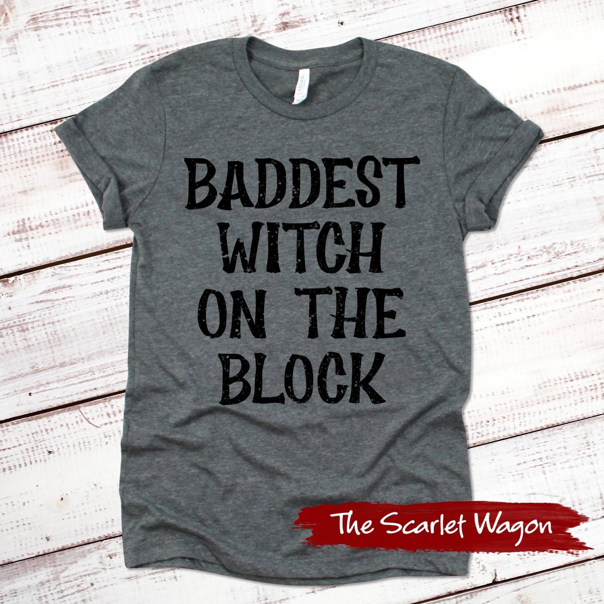 Baddest Witch on the Block Halloween Shirt Scarlet Wagon Deep Heather Gray XS 