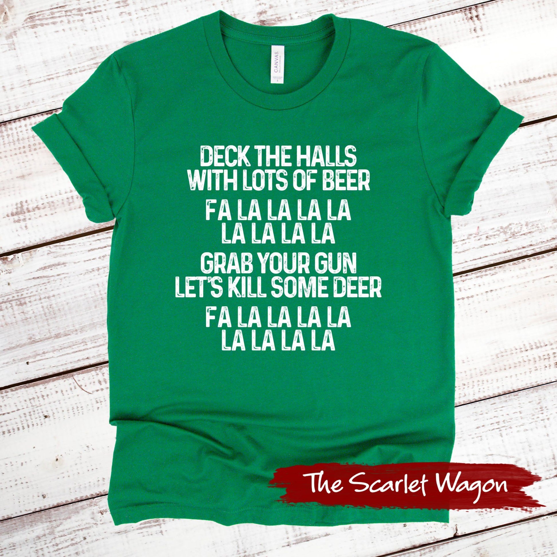 Deck the Halls with Lots of Beer Christmas Shirt Scarlet Wagon Green XS 