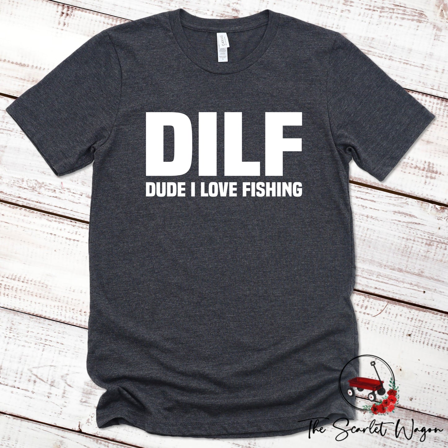 DILF - Dude I Love Fishing Premium Tee Scarlet Wagon Dark Gray Heather XS 