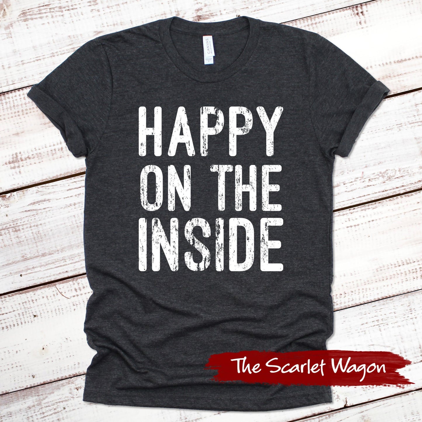 Happy on the Inside Funny Shirt Scarlet Wagon Dark Gray Heather XS 