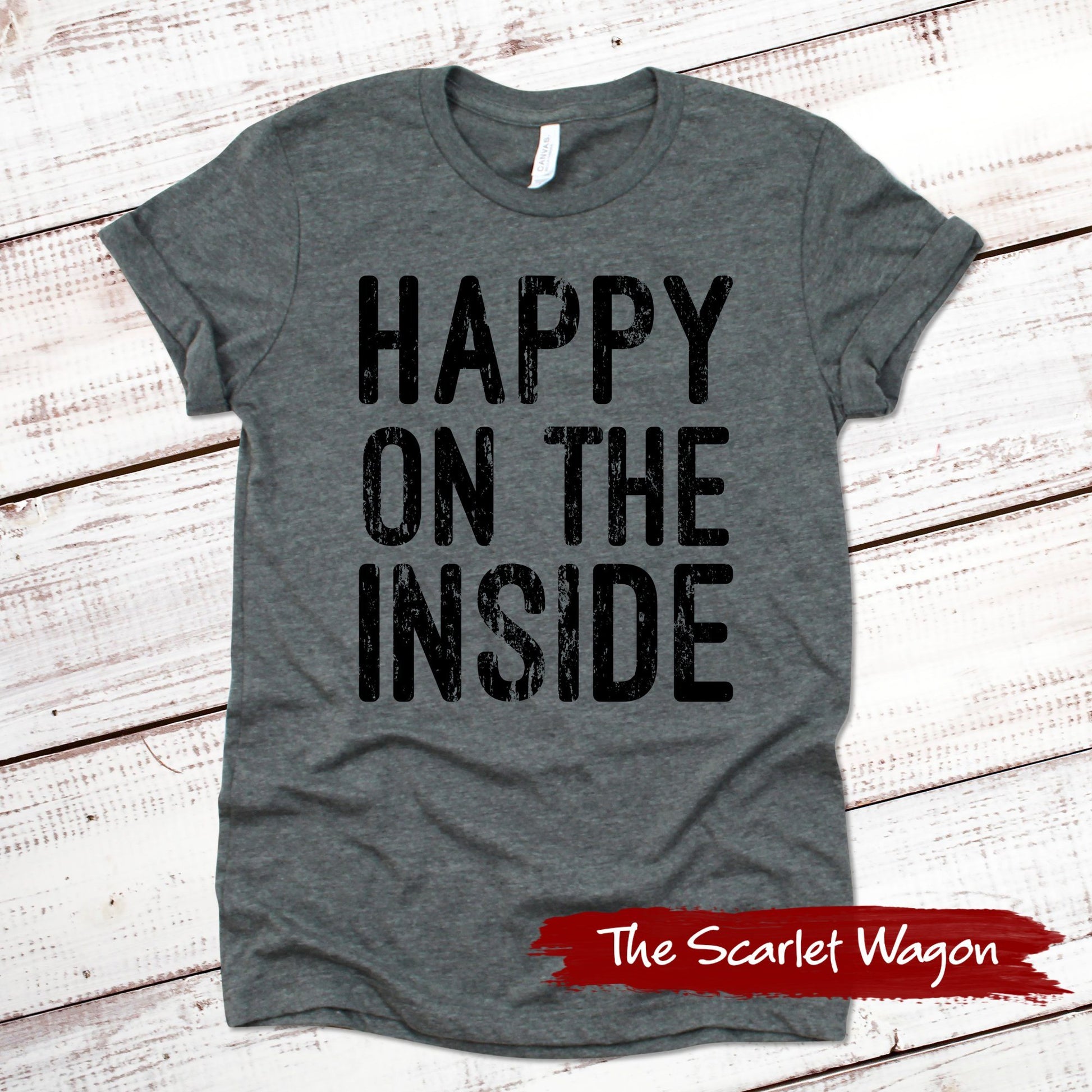 Happy on the Inside Funny Shirt Scarlet Wagon Deep Heather Gray XS 