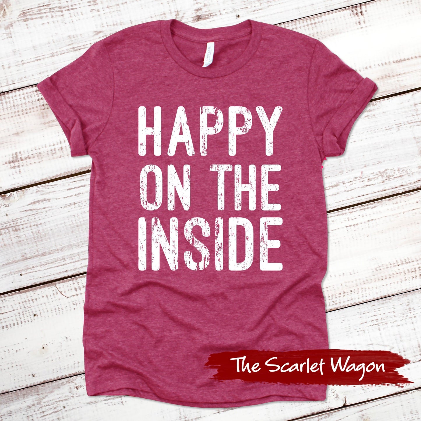 Happy on the Inside Funny Shirt Scarlet Wagon Heather Raspberry XS 