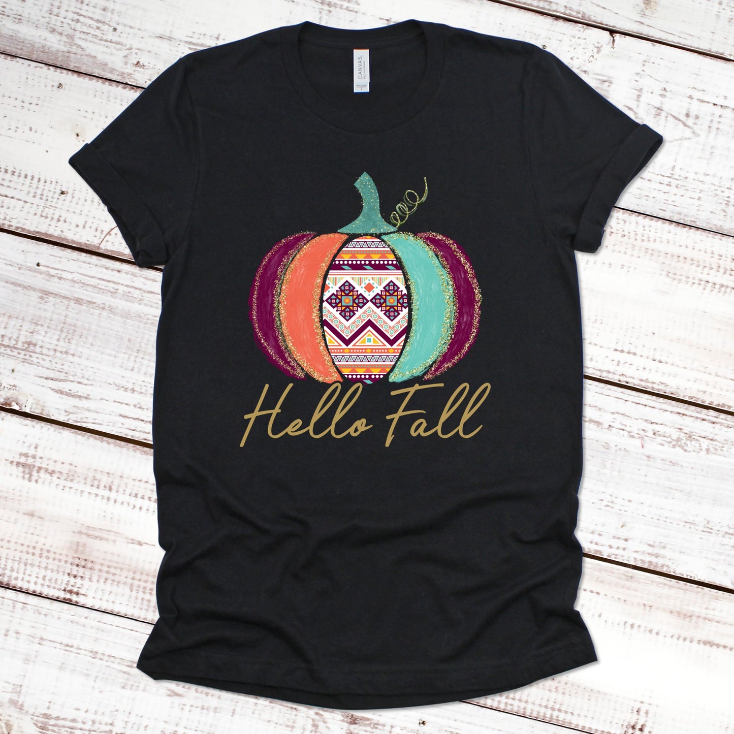 Hello Fall Aztec Pumpkin Fall Shirt Great Giftables Black XS 