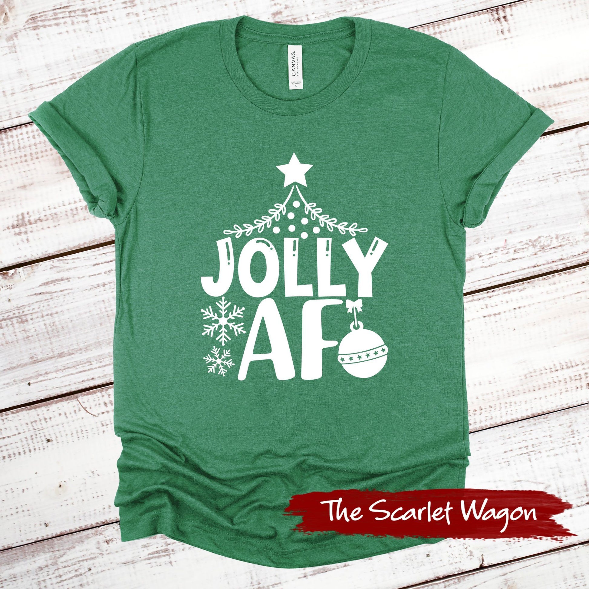 Jolly AF Christmas Shirt Scarlet Wagon Heather Green XS 
