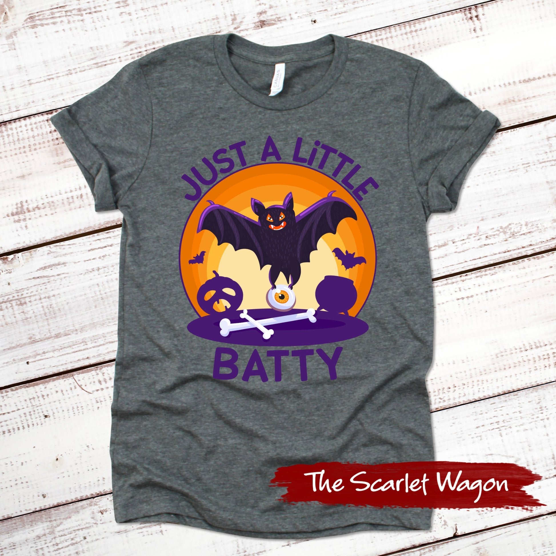 Just a Little Batty Halloween Shirt Scarlet Wagon Deep Heather Gray XS 
