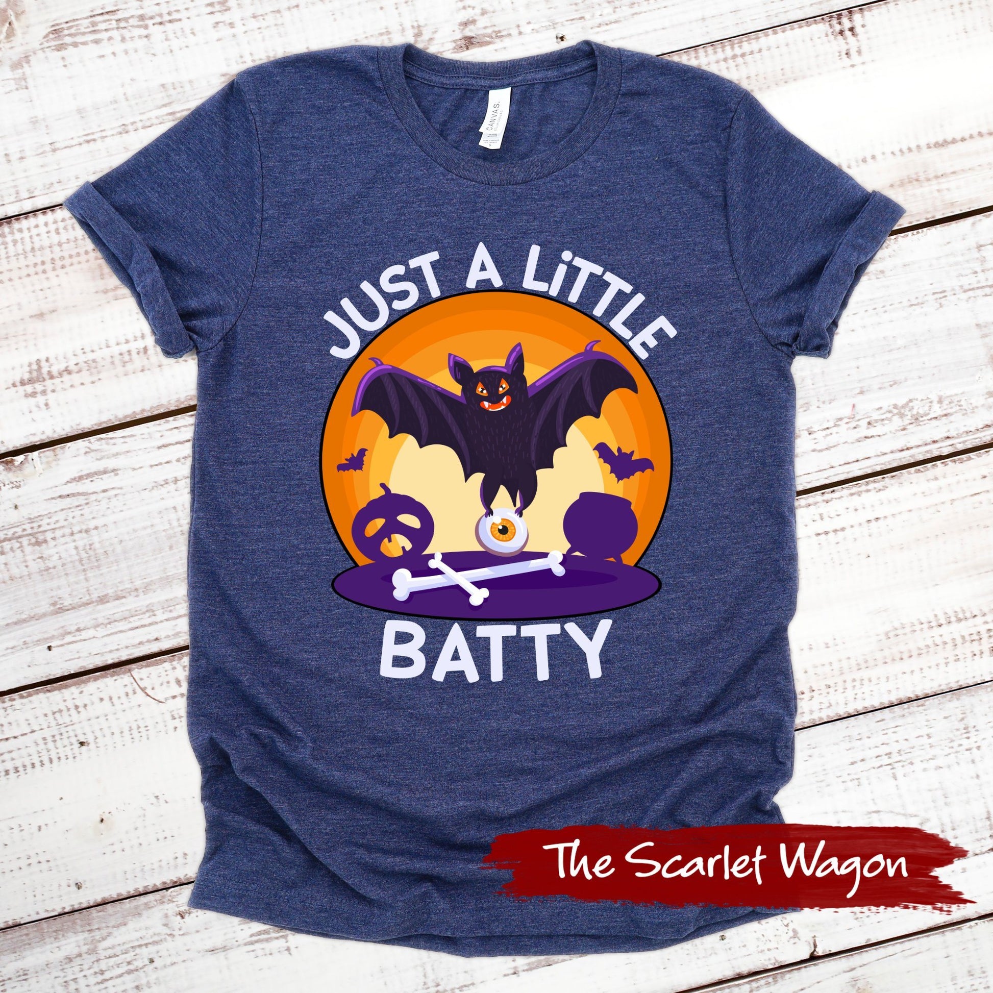Just a Little Batty Halloween Shirt Scarlet Wagon Heather Navy XS 