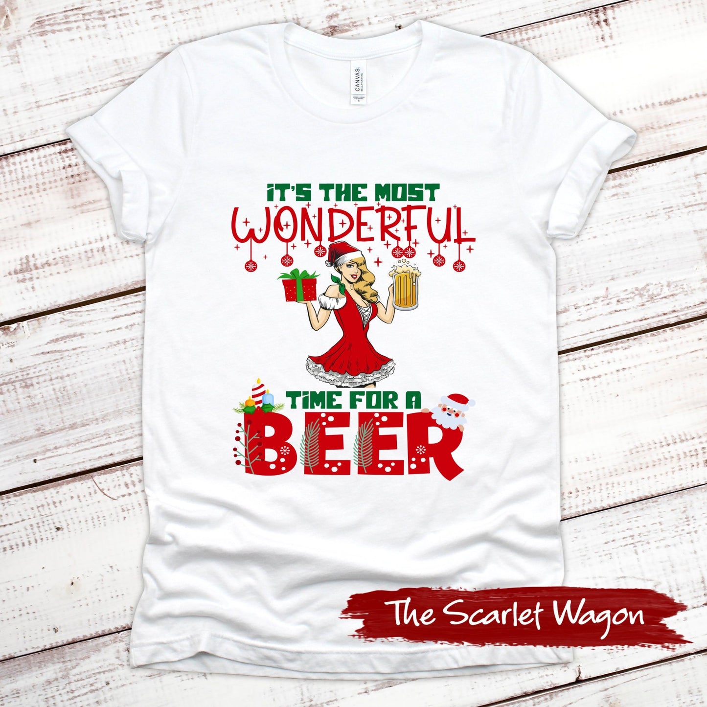 Most Wonderful Time for a Beer Christmas Shirt Scarlet Wagon White XS 