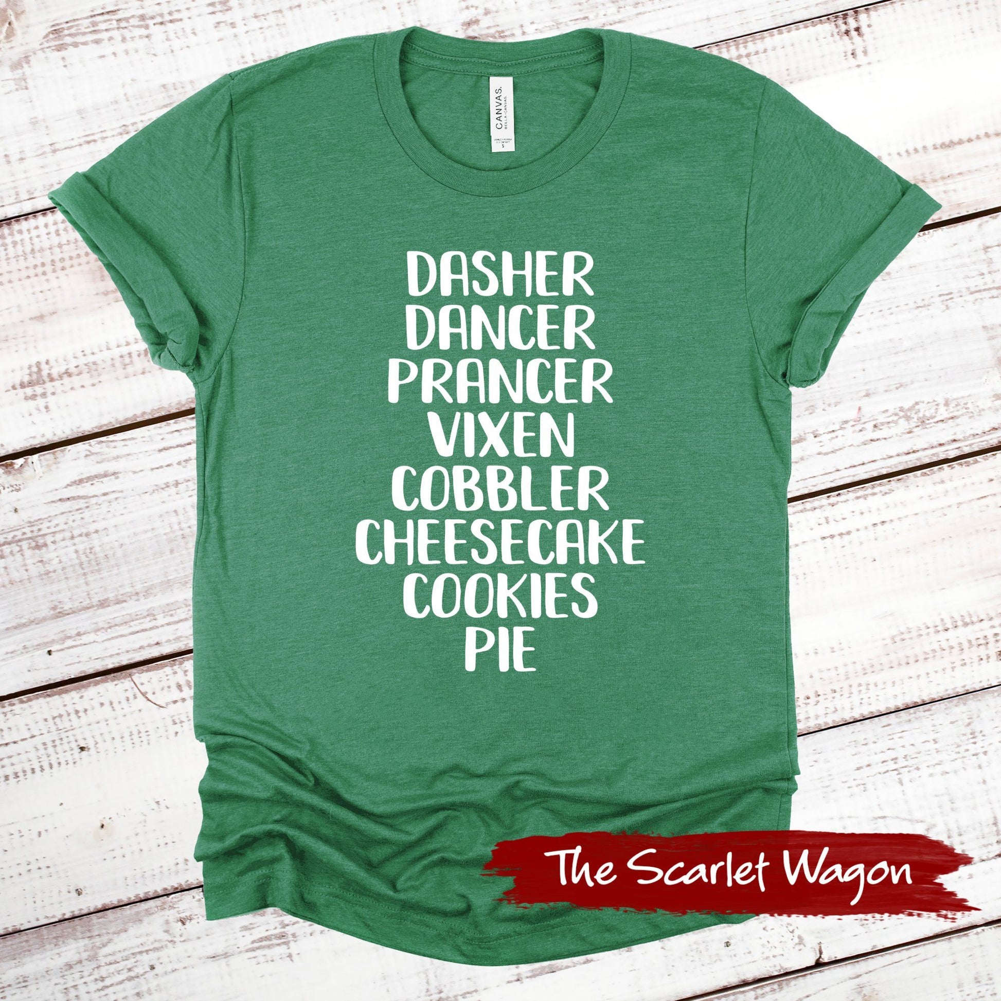 Reindeer Names and Desserts Christmas Shirt Scarlet Wagon Heather Green XS 