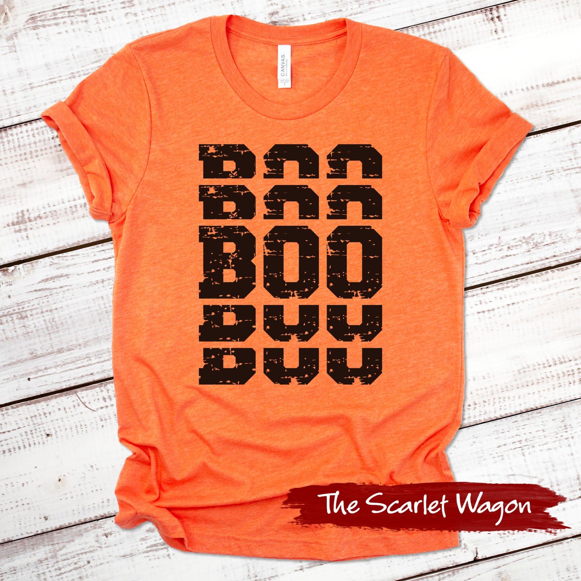 Stacked Boo Halloween Shirt Scarlet Wagon Heather Orange XS 