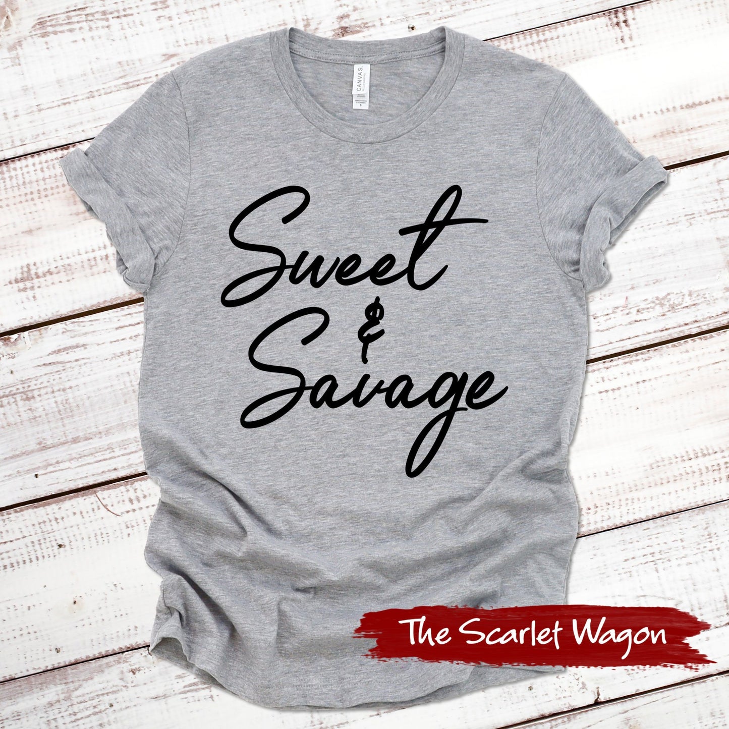 Sweet & Savage Funny Shirt Scarlet Wagon Athletic Heather XS 