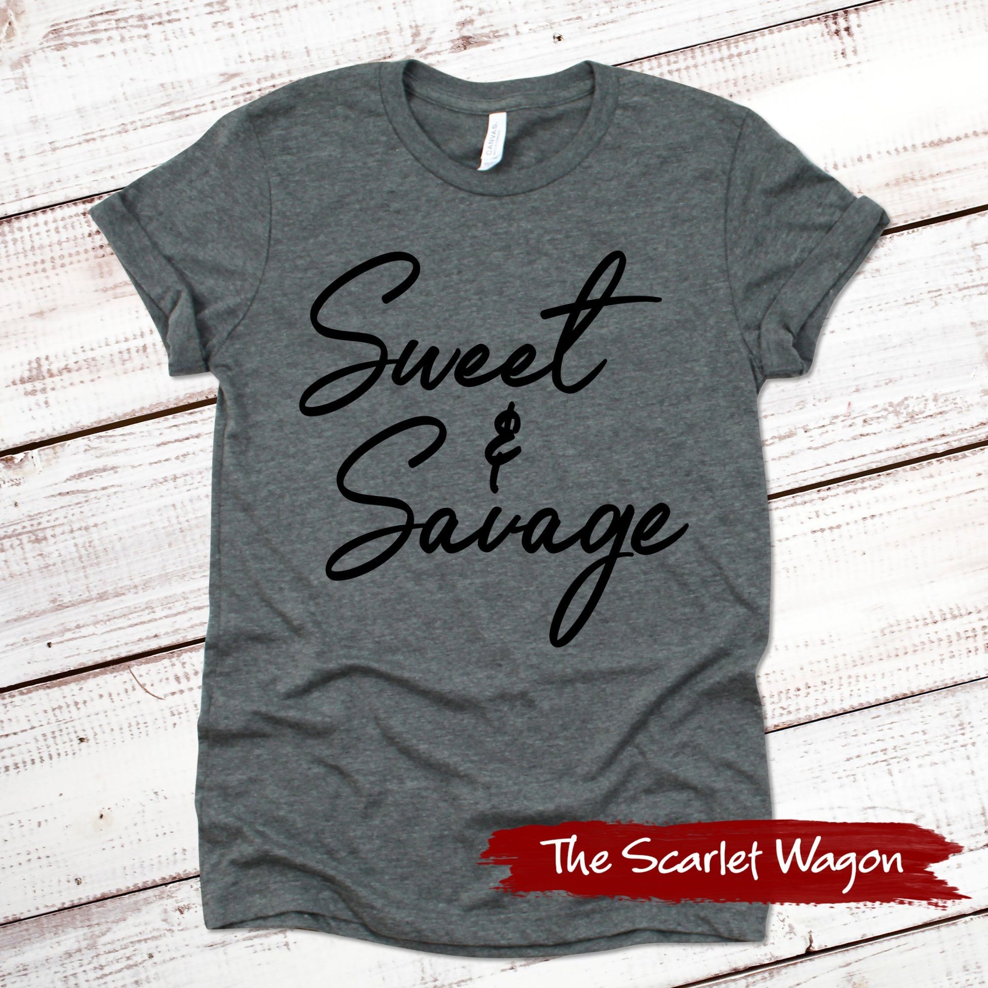 Sweet & Savage Funny Shirt Scarlet Wagon Deep Heather Gray XS 