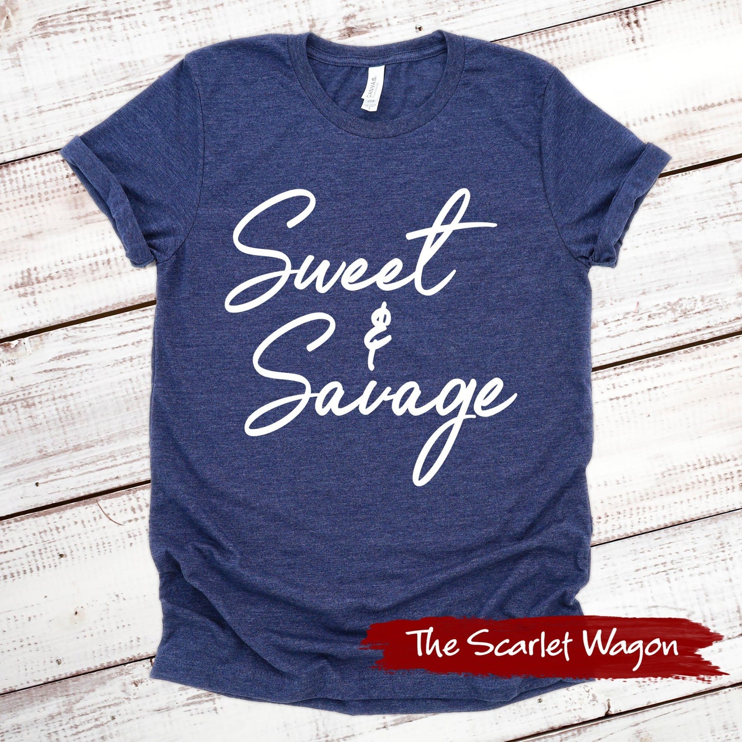 Sweet & Savage Funny Shirt Scarlet Wagon Heather Navy XS 