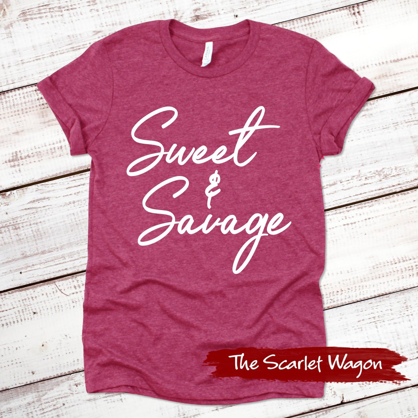 Sweet & Savage Funny Shirt Scarlet Wagon Heather Raspberry XS 