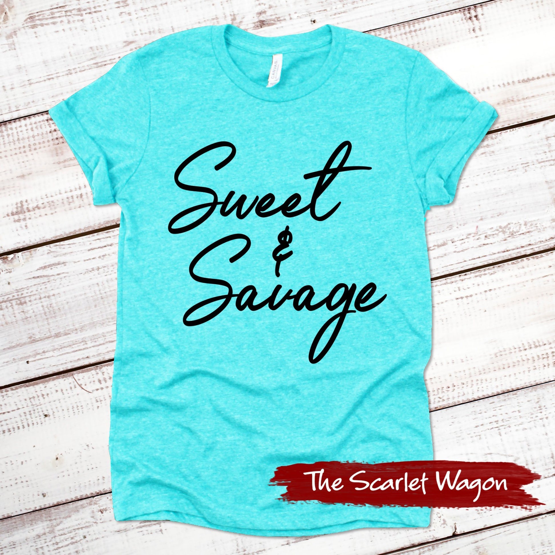 Sweet & Savage Funny Shirt Scarlet Wagon Heather Teal XS 