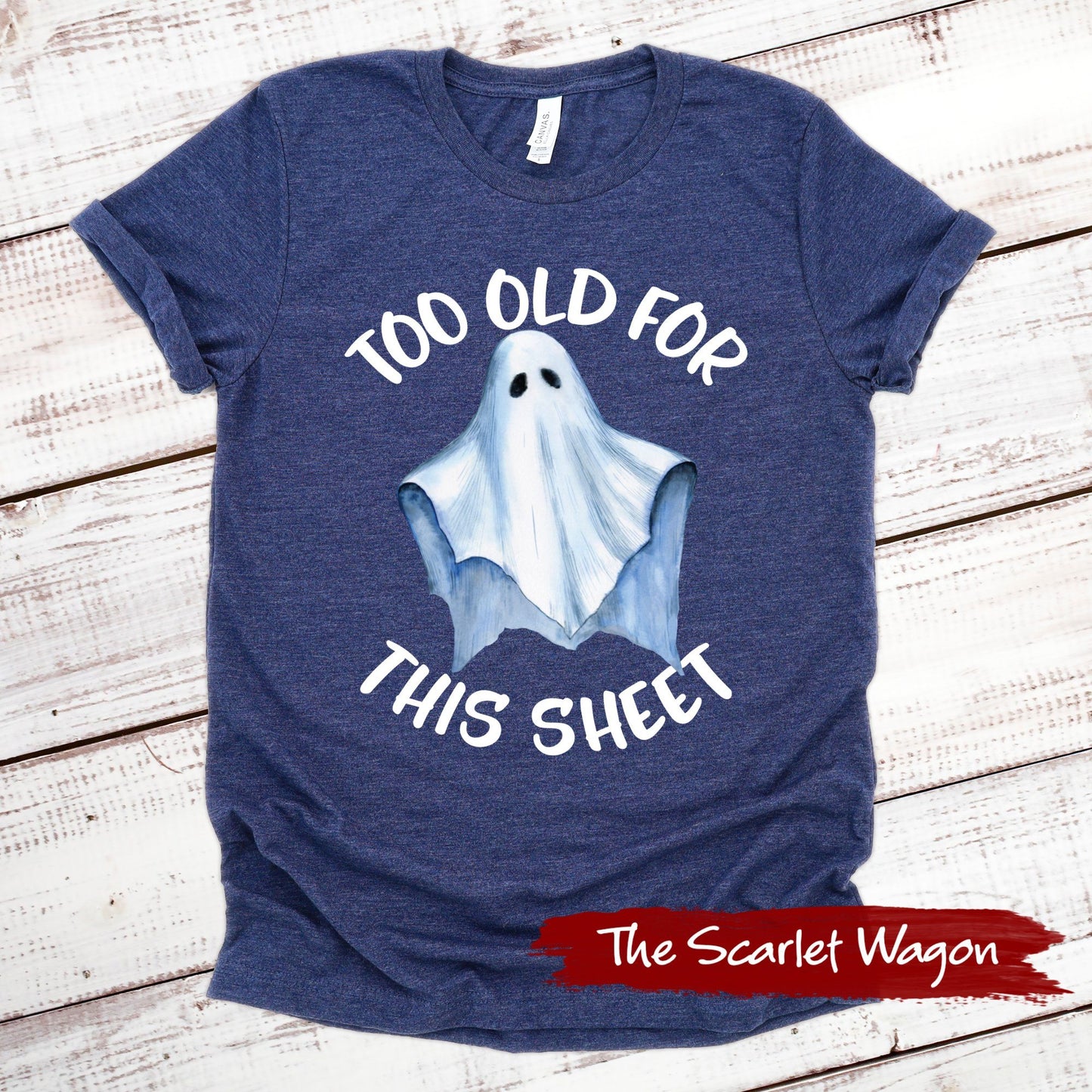 Too Old for This Sheet Halloween Shirt Scarlet Wagon Heather Navy XS 