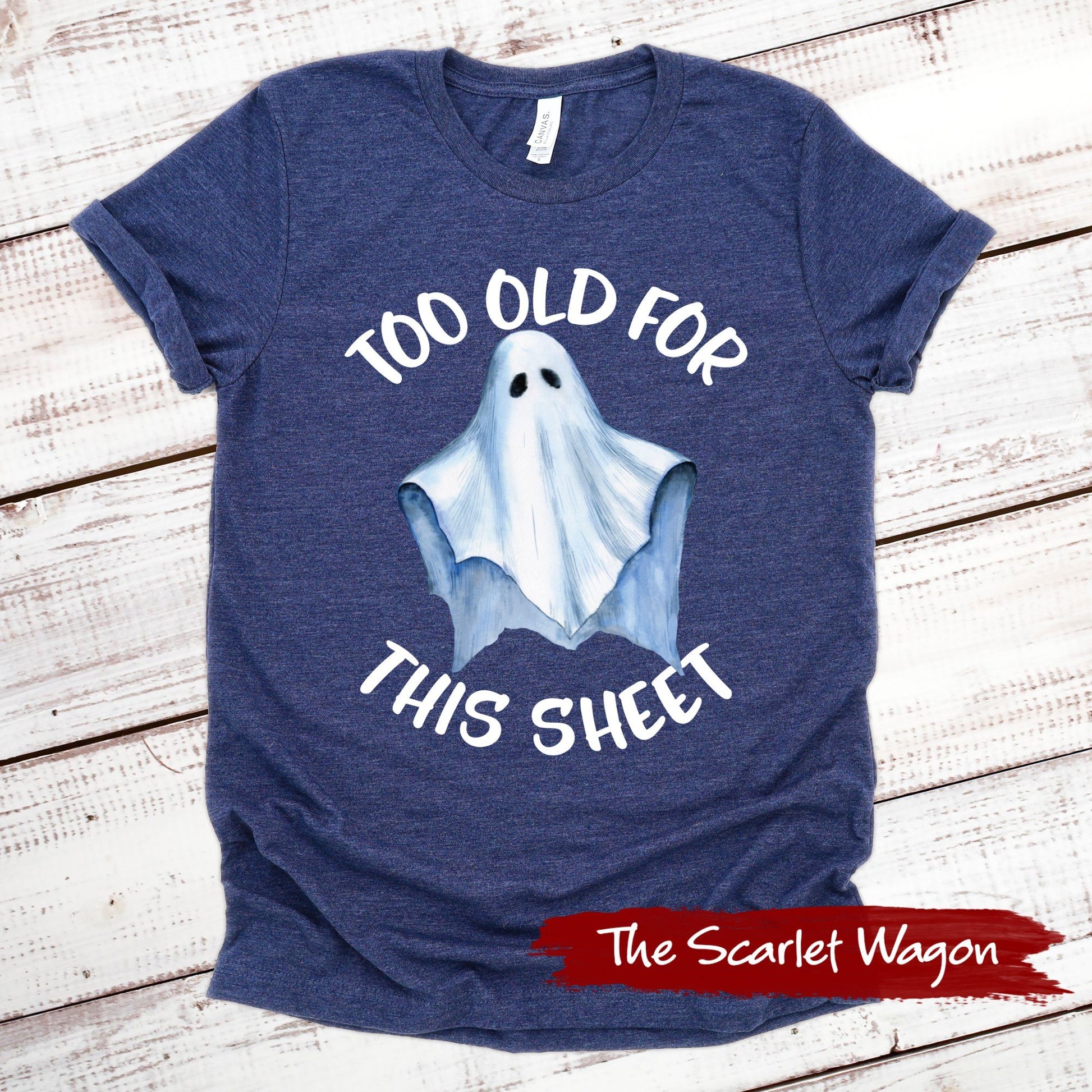 Too Old for This Sheet Halloween Shirt Scarlet Wagon Heather Navy XS 