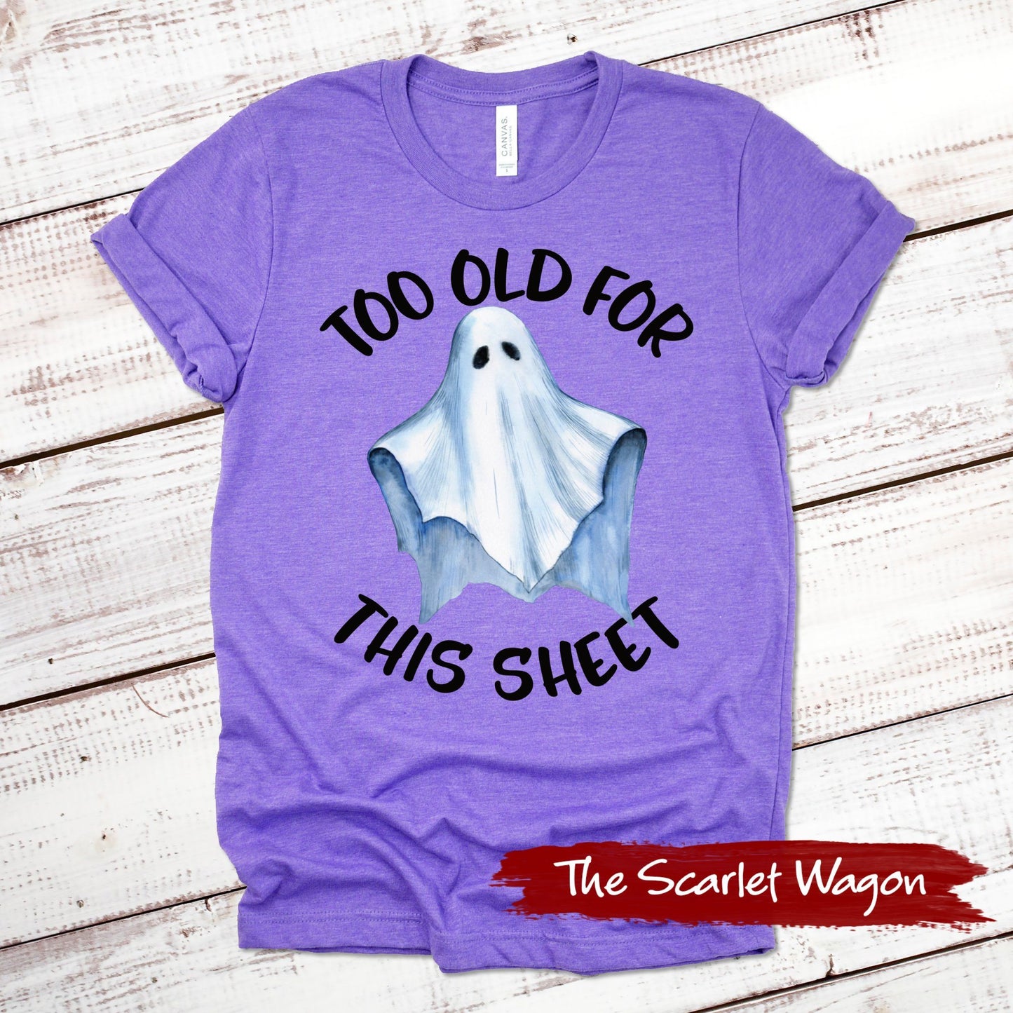 Too Old for This Sheet Halloween Shirt Scarlet Wagon Heather Purple XS 
