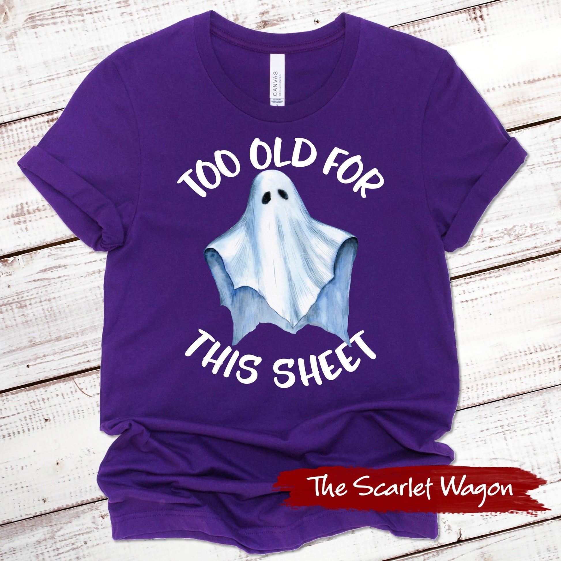 Too Old for This Sheet Halloween Shirt Scarlet Wagon Purple XS 