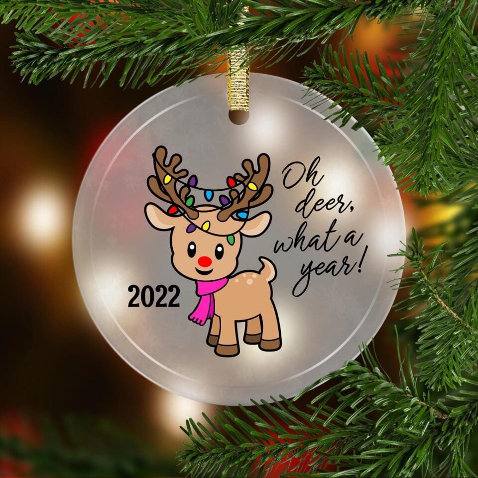 Oh Deer What a Year Ornament Glass Ornament Printed Mint 