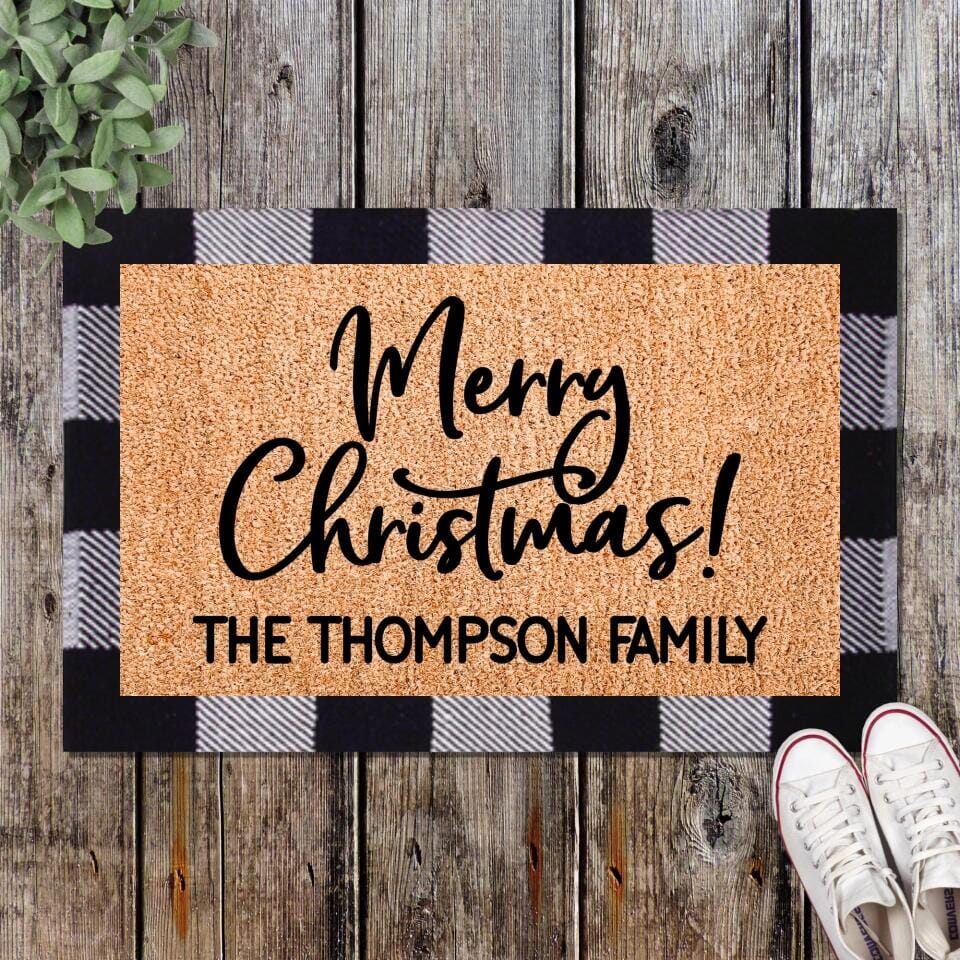 Personalized Merry Christmas Playful Script Welcome Mat TeeLaunch 