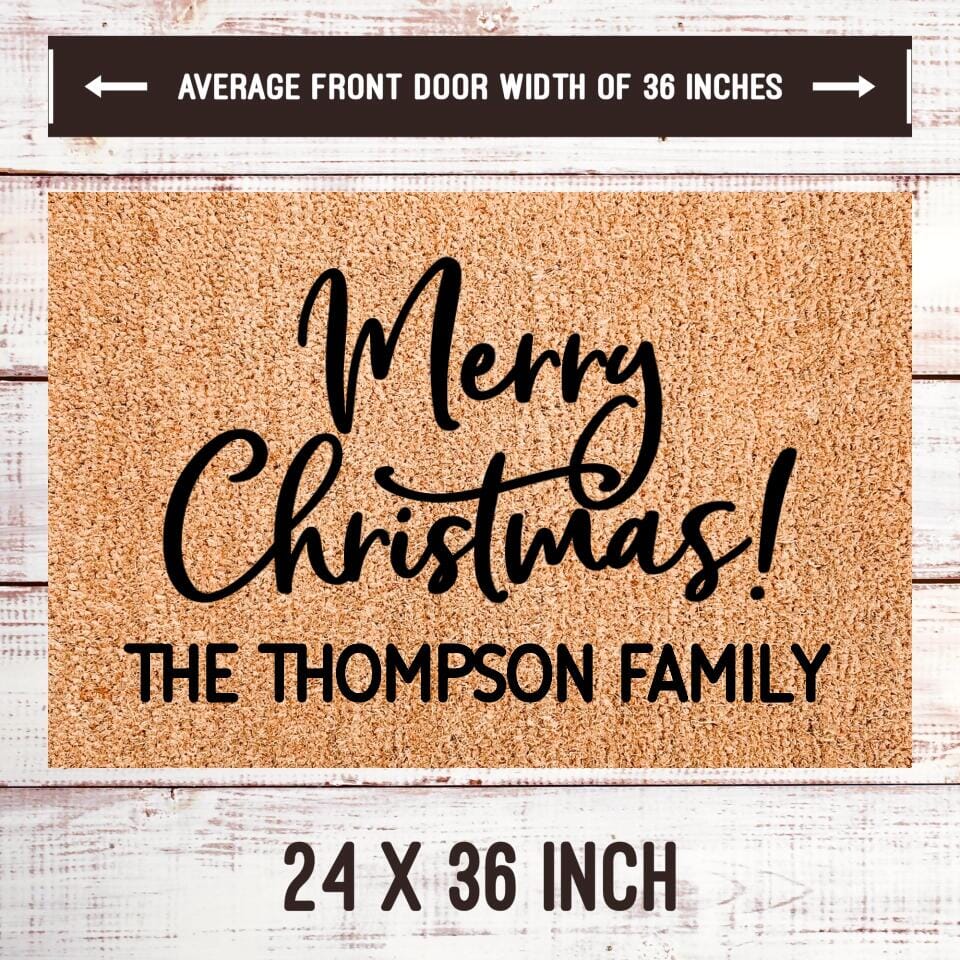 Personalized Merry Christmas Playful Script Welcome Mat TeeLaunch Welcome Mat Brown 24x36 Inches