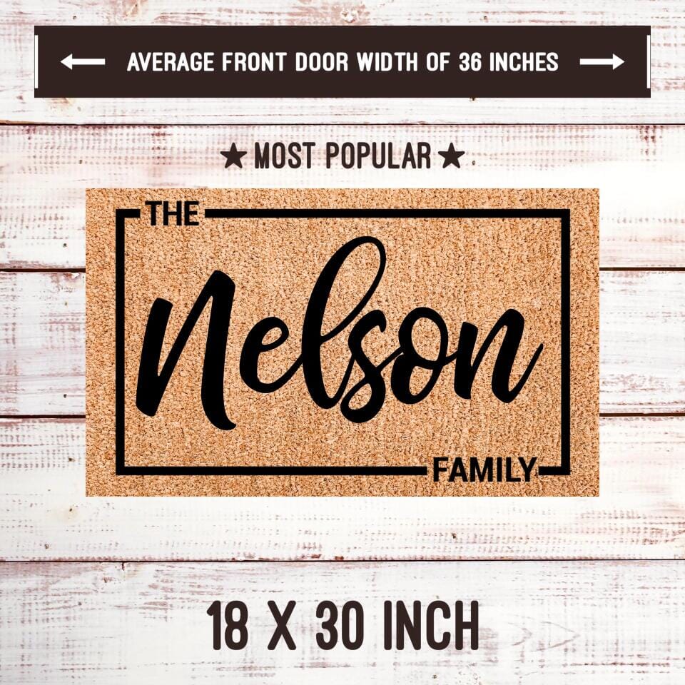 Family Name with Border Welcome Mat TeeLaunch Welcome Mat Brown 18x30 Inches