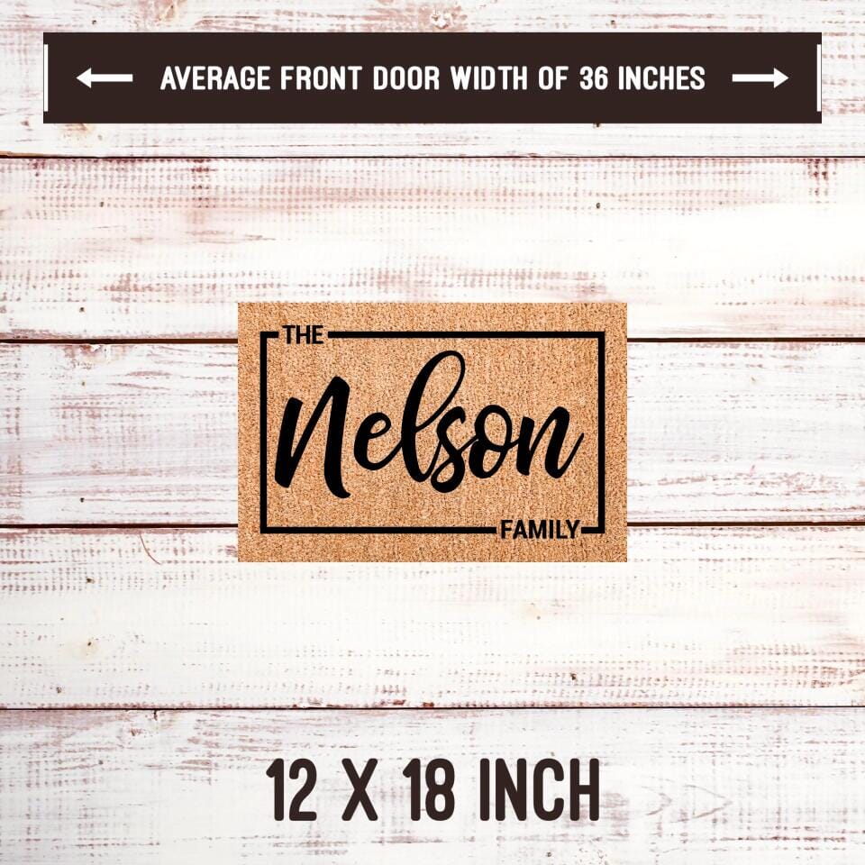 Family Name with Border Welcome Mat TeeLaunch Welcome Mat Brown 12x18 Inches