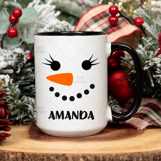 Personalized Snowman Mug Customizer TeeInBlue Holiday Mugs SBS Black Accent Mug 15 Ounce