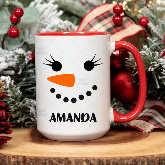 Personalized Snowman Mug Customizer TeeInBlue Holiday Mugs SBS Red Accent Mug 15 Ounce