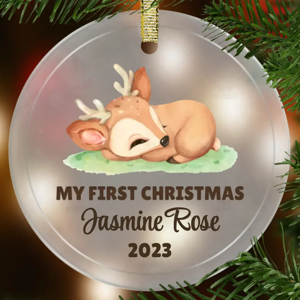 My First Christmas Fawn Ornament Glass Ornament Printed Mint G/A Ornament Real Glass 3.5 Inch Diameter