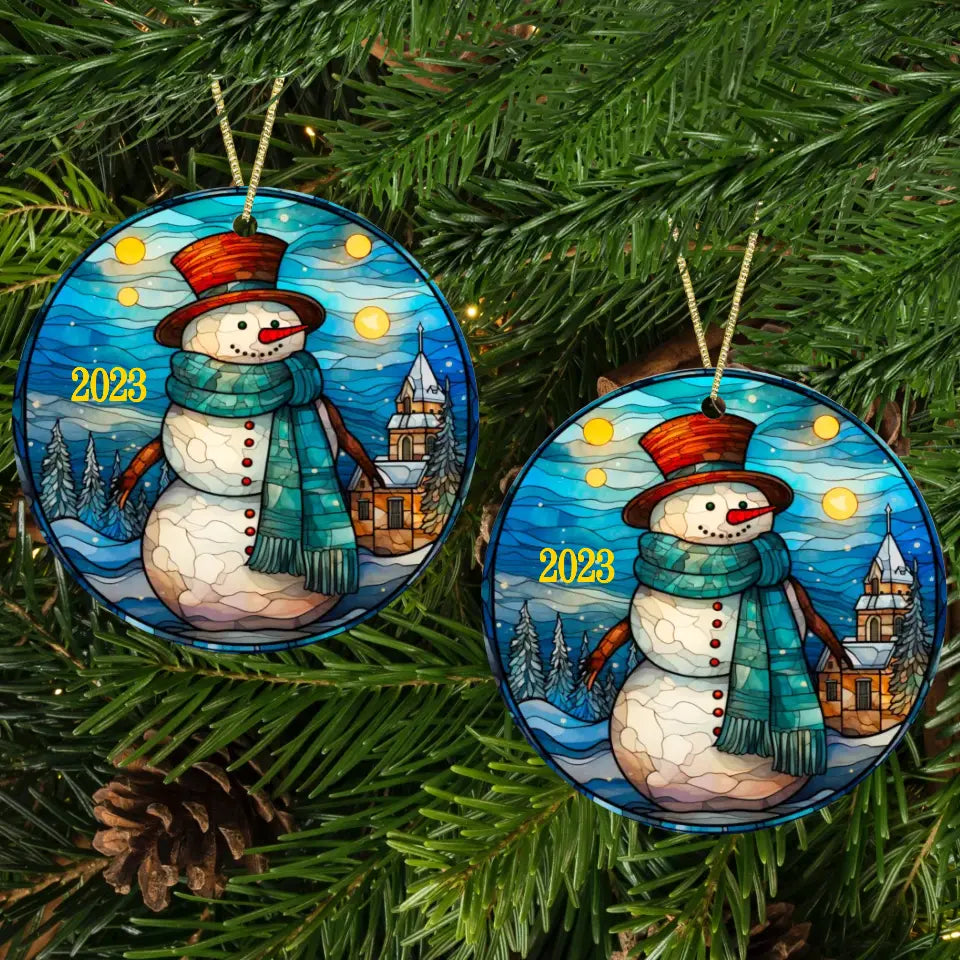 Faux Stained-Glass Snowman Ceramic Ornament Porcelain Ornament Pic The Gift Design on Both Sides White 3 Inches