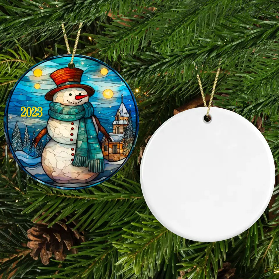 Faux Stained-Glass Snowman Ceramic Ornament Porcelain Ornament Pic The Gift Design + Blank Back White 3 Inches