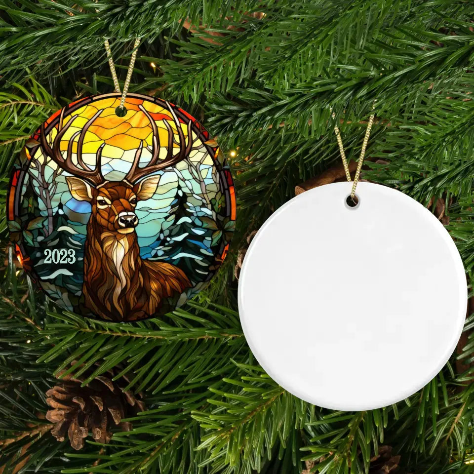 Faux Stained-Glass Buck Ceramic Ornament Porcelain Ornament Pic The Gift Design + Blank Back White 3 Inches