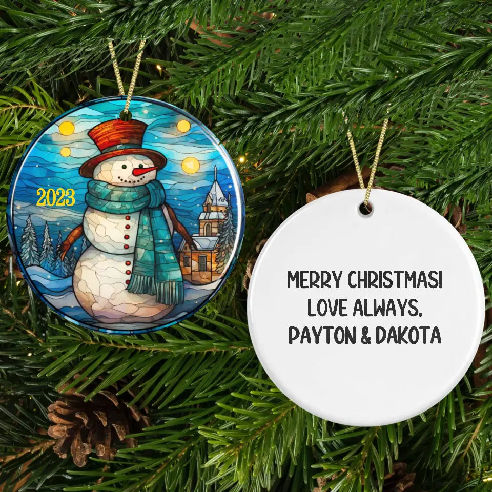 Faux Stained-Glass Snowman Ceramic Ornament Porcelain Ornament Pic The Gift Design + Custom Back White 3 Inches