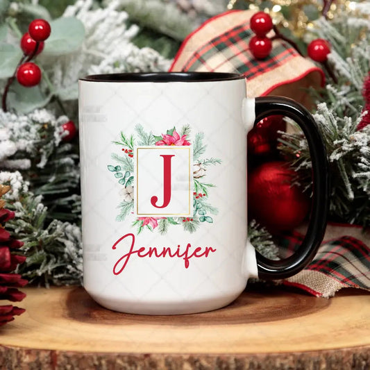 Christmas Floral Monogram Mug Customizer TeeInBlue Holiday Mugs SBS Black Accent Mug 15 Ounce