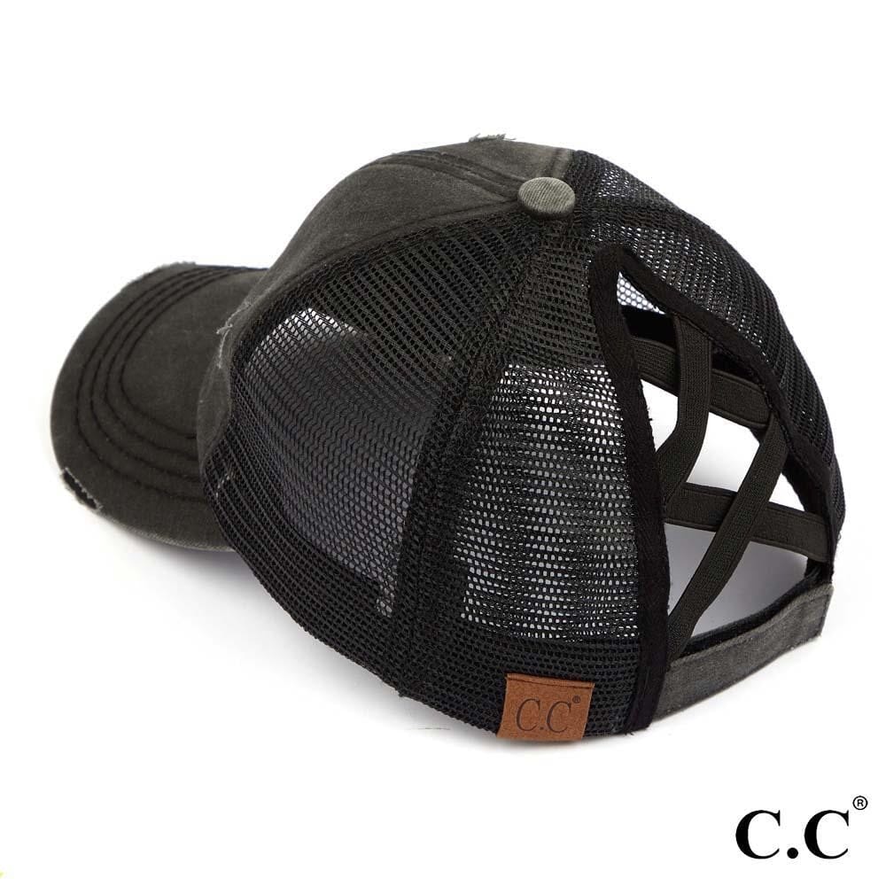 Distressed Black Criss-Cross Ponytail Cap CC Brand Ponytail Baseball Cap Judson 