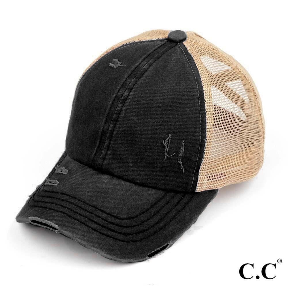 Distressed Black and Tan Criss-Cross Ponytail Cap CC Brand Ponytail Baseball Cap Judson 