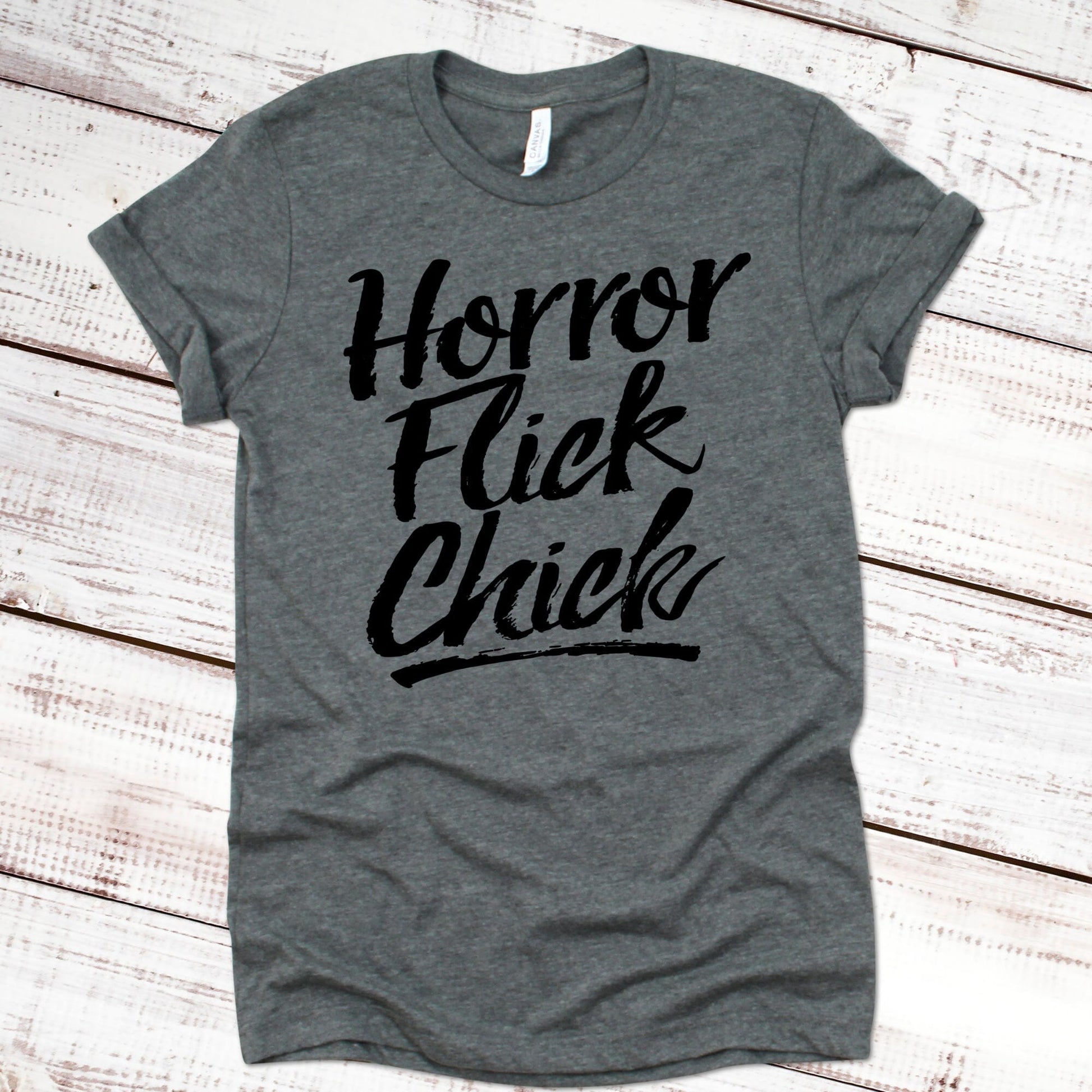 Horror Flick Chick Halloween Shirt Great Giftables Deep Heather Gray XS 
