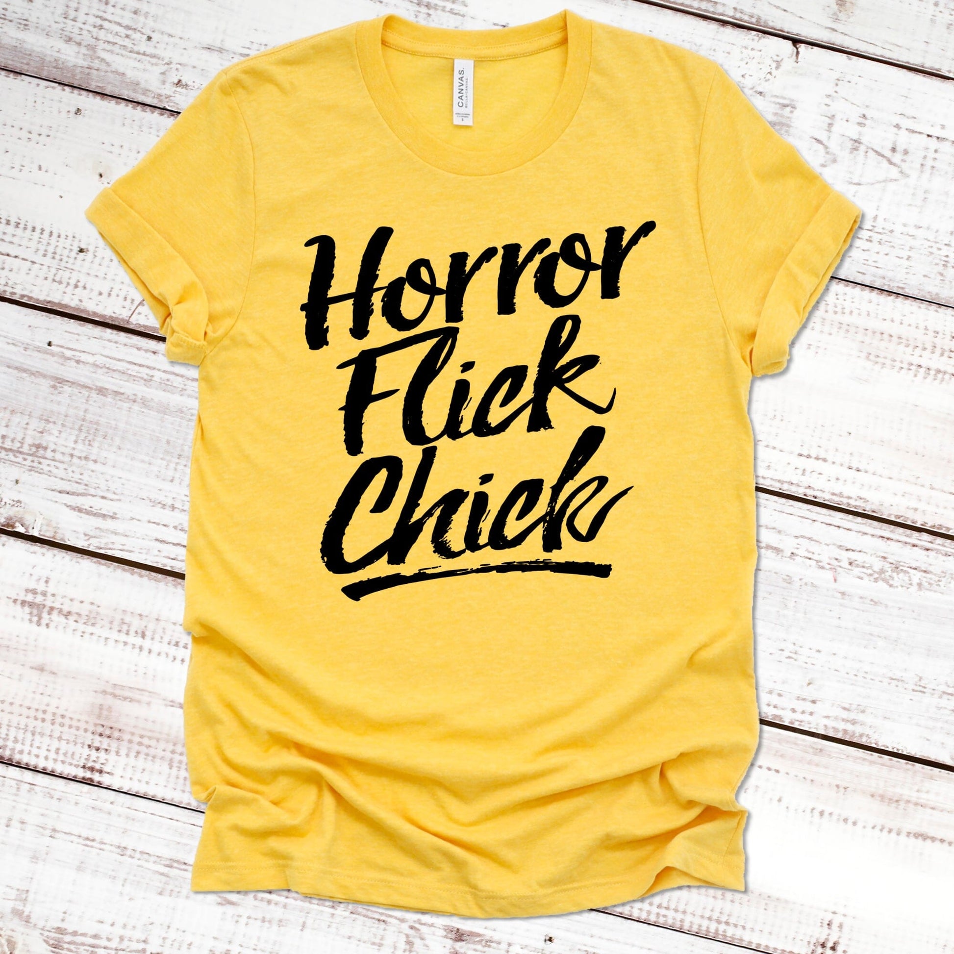 Horror Flick Chick Halloween Shirt Great Giftables Heather Gold XS 