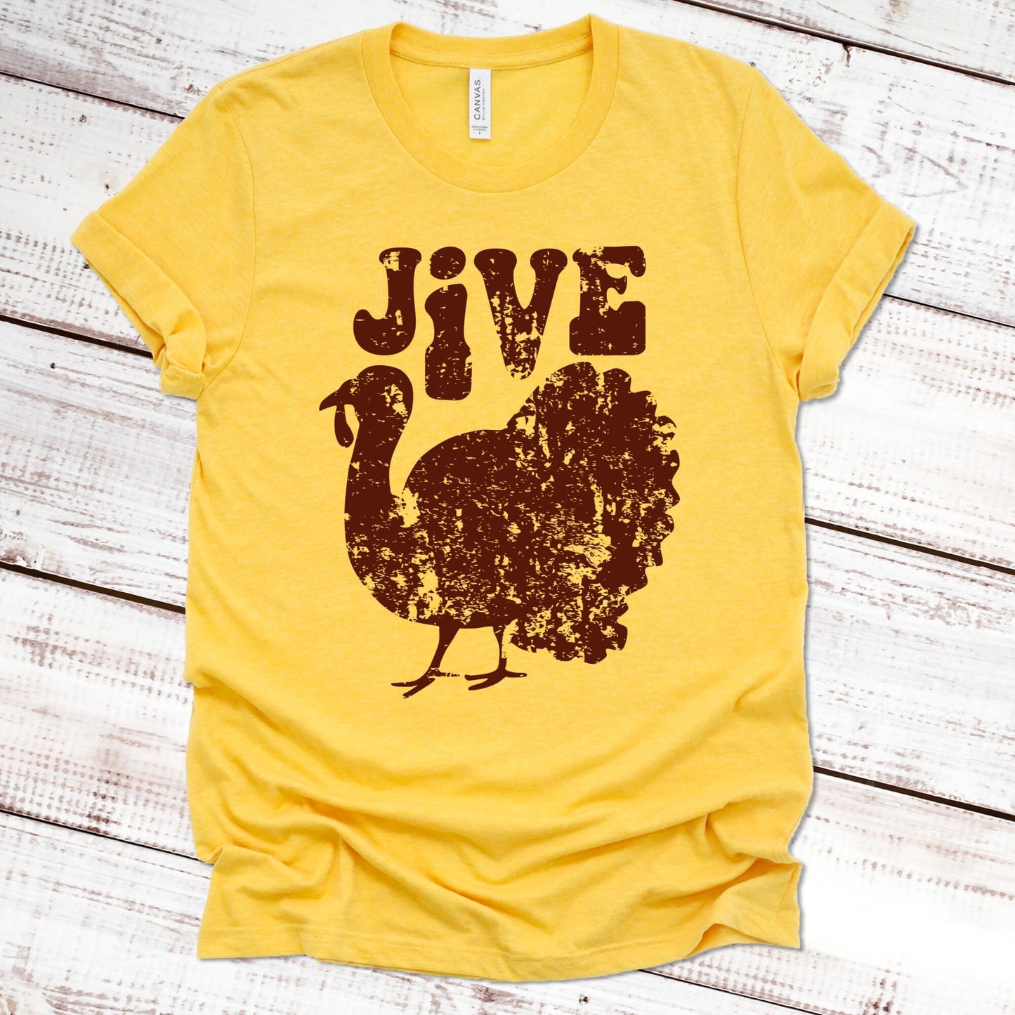 Jive Turkey Retro Thanksgiving T-Shirt Thanksgiving Shirt Scarlet Wagon Heather Gold XS 