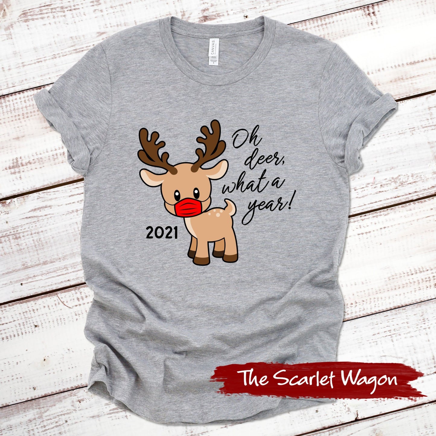 2021 Oh Deer What a Year Christmas Shirt Scarlet Wagon Athletic Heather XS 