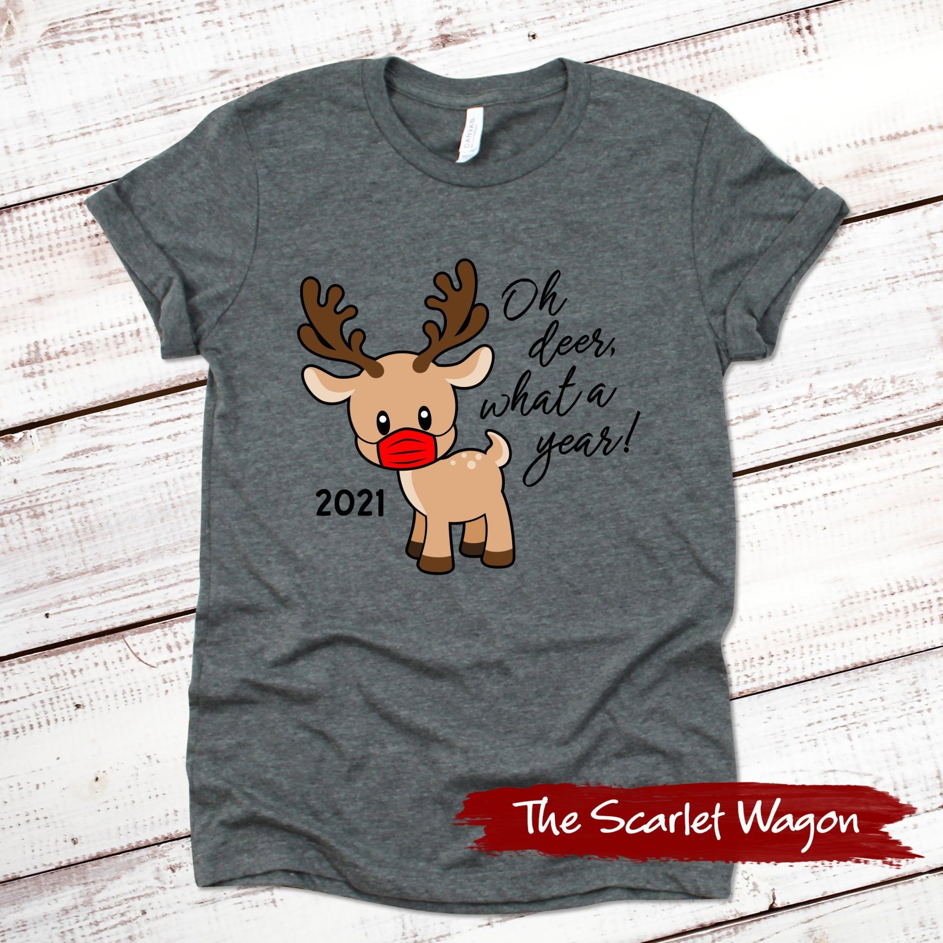 2021 Oh Deer What a Year Christmas Shirt Scarlet Wagon Deep Heather Gray XS 