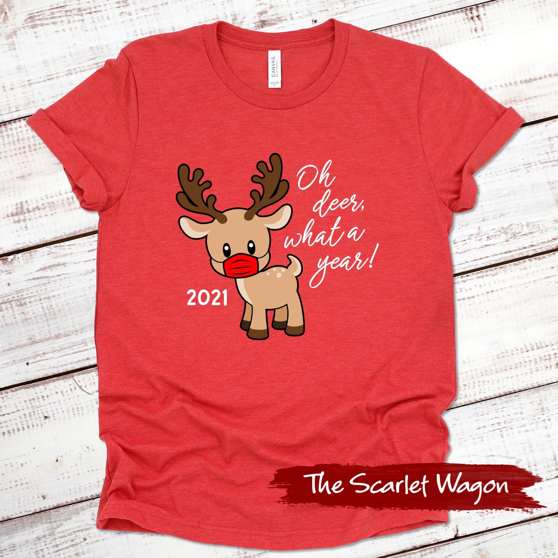 2021 Oh Deer What a Year Christmas Shirt Scarlet Wagon Heather Red XS 