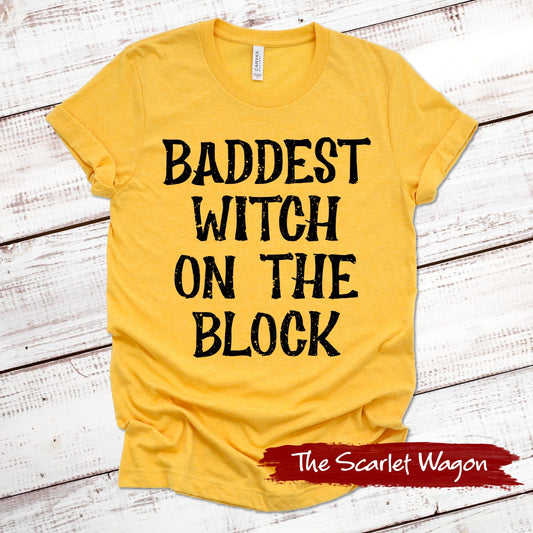 Baddest Witch on the Block Halloween Shirt Scarlet Wagon Heather Gold XS 