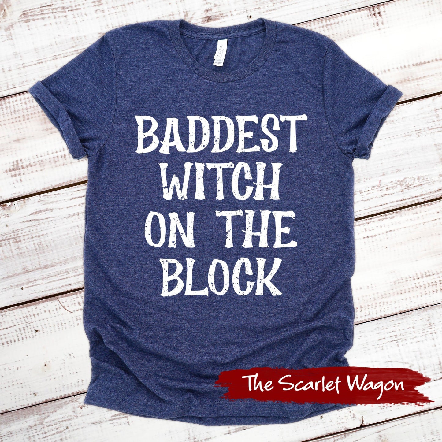 Baddest Witch on the Block Halloween Shirt Scarlet Wagon Heather Navy XS 