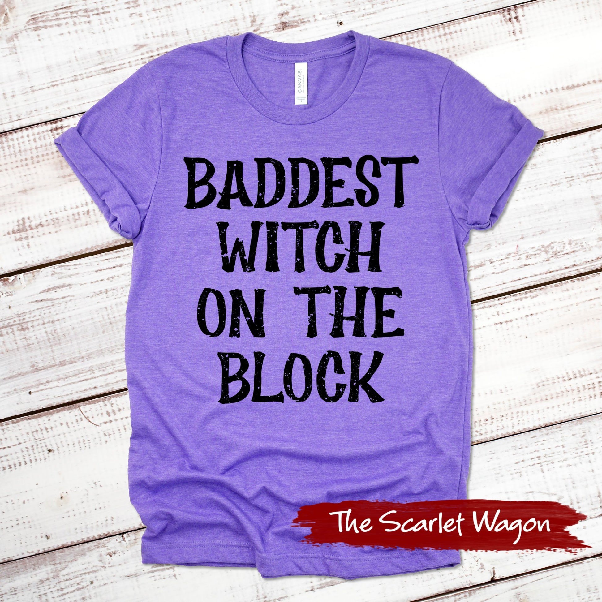 Baddest Witch on the Block Halloween Shirt Scarlet Wagon Heather Purple XS 