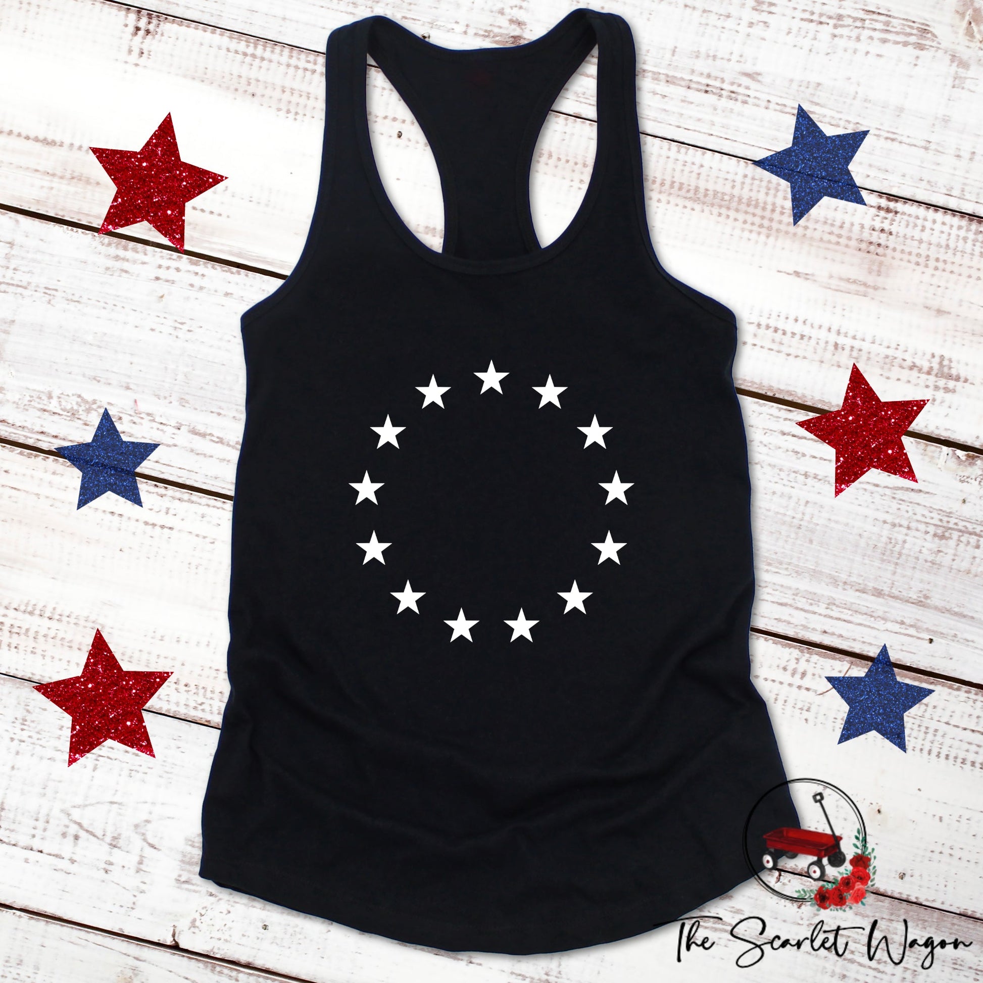 Betsy Ross Flag Women's Racerback Tank Patriotic Shirt The Scarlet Wagon Boutique Black Small 